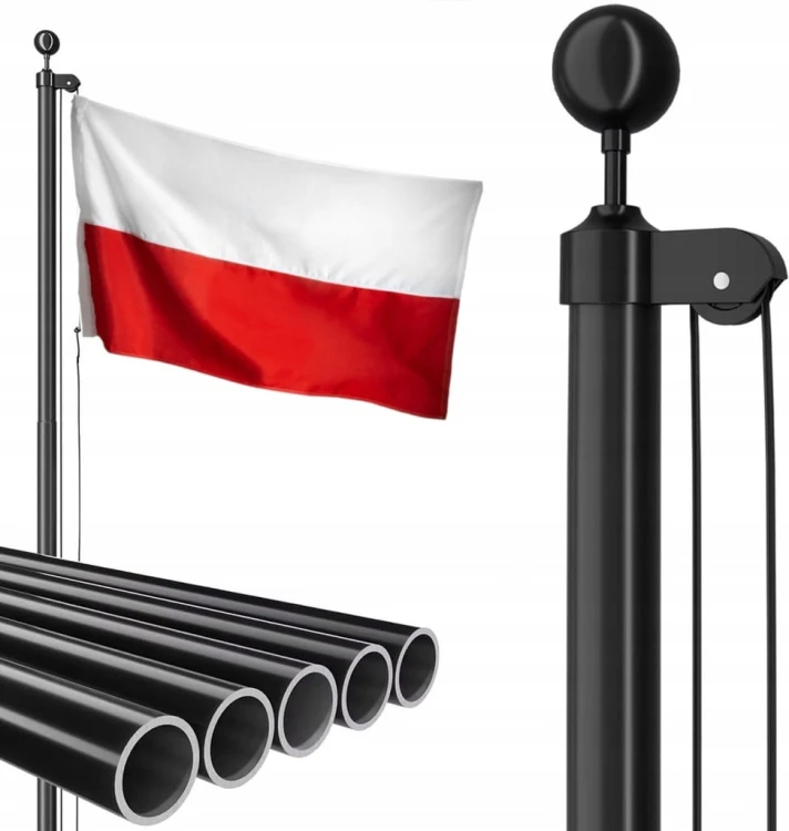 Maszt Flagowy Aluminiowy 1.8 Czarny PREMIUM 6.2m + Duża Flaga Polski 150x90