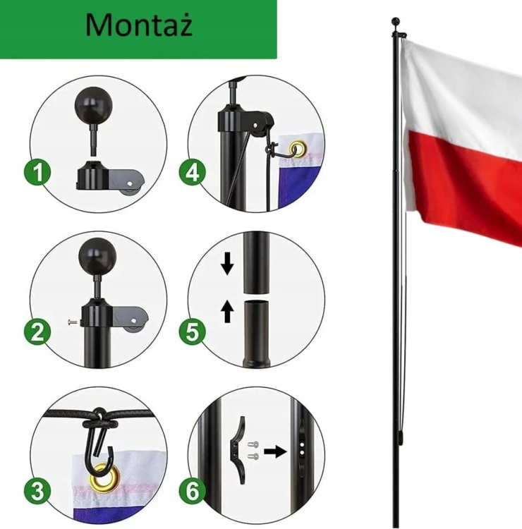 Maszt Flagowy Aluminiowy 1.8 Czarny PREMIUM 6.2m + Duża Flaga Polski 150x90